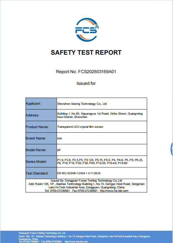 Transparent LED crystal film screen Testing and Certification-FCCE LVD-Report